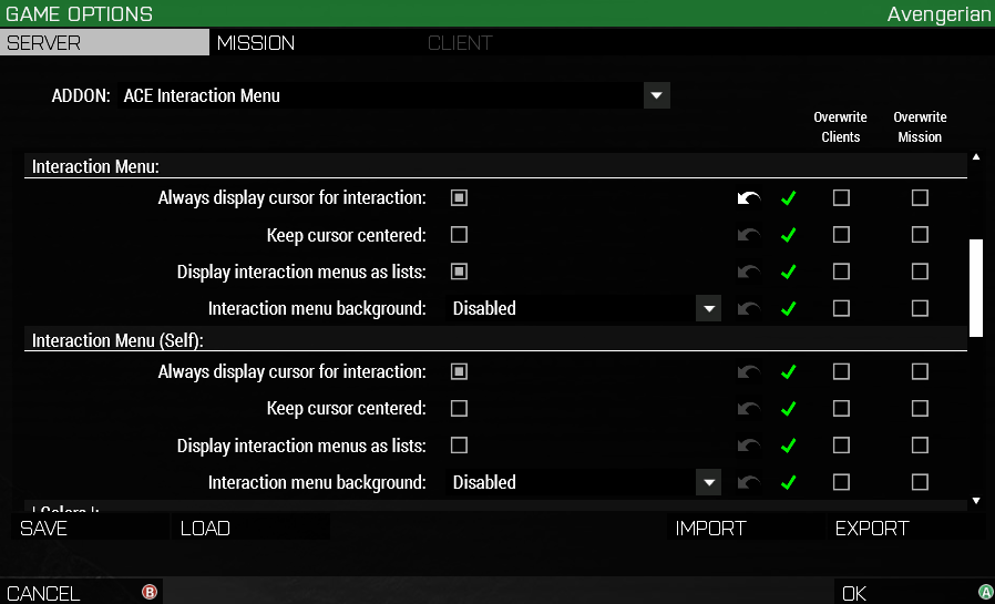 ACE Interaction settings